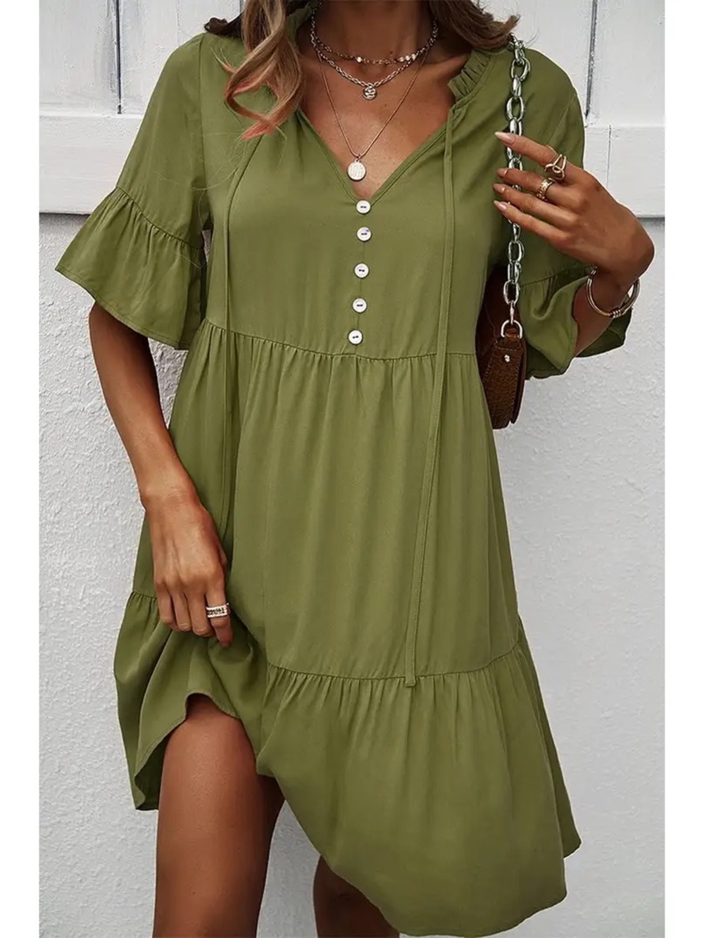 Olive Green V-Neck Tiered Midi Dress